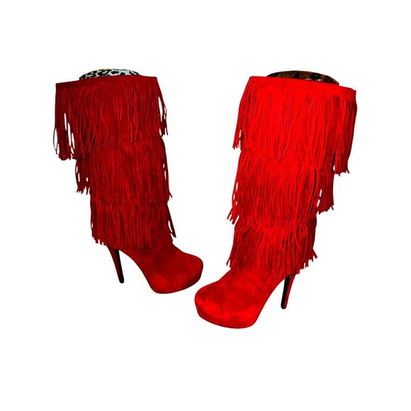 Red Suede Fringe High Heel Boots 10M Platform Stiletto Knee High Western Boho - Picture 2 of 8